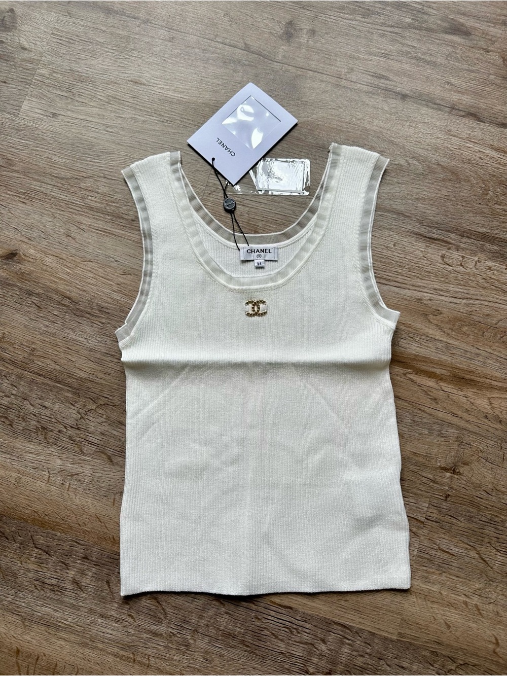 CHANEL Ivory Knit Tank Top with Gold CC Emblem